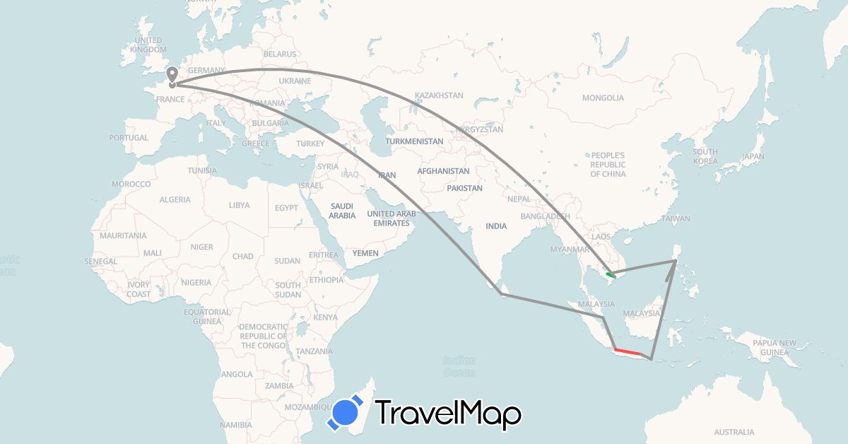 TravelMap itinerary: bus, plane, hiking in France, Indonesia, Cambodia, Sri Lanka, Philippines, Singapore, Vietnam (Asia, Europe)